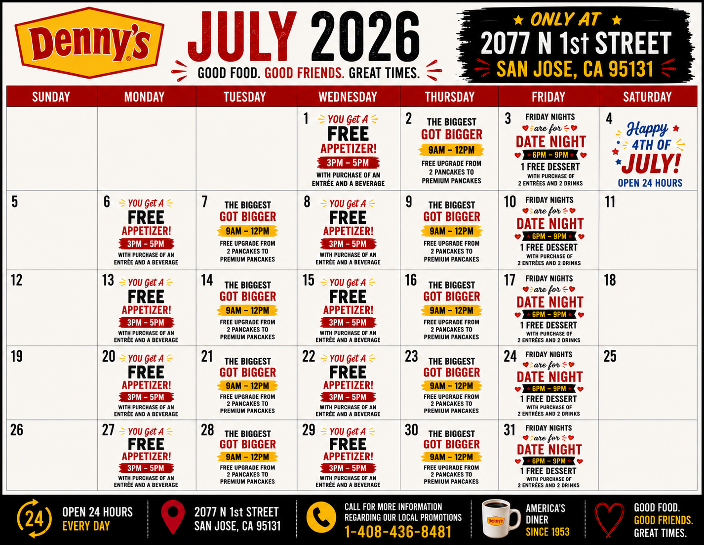 July 2026 Denny's promotion calendar