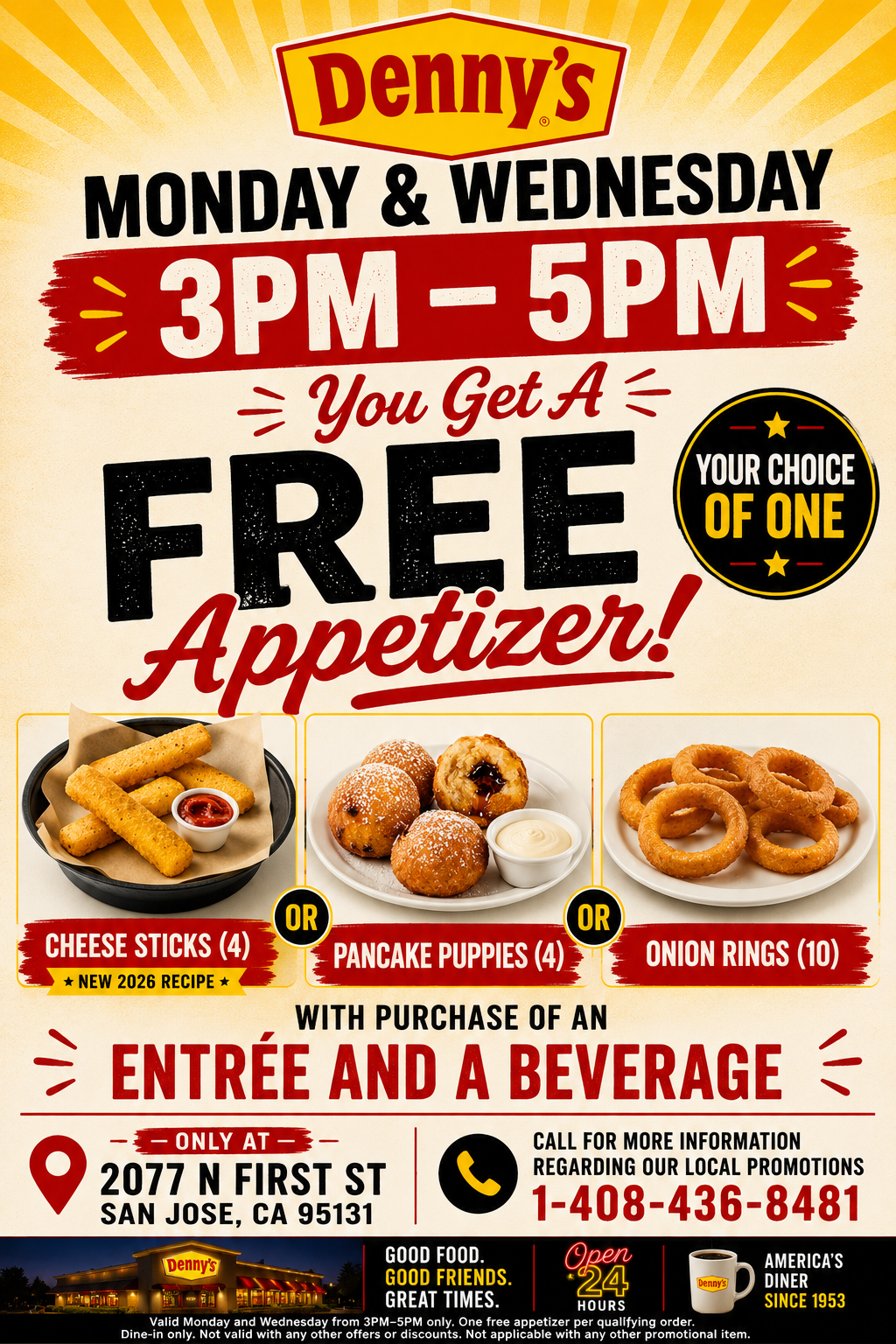 Free Appetizer flyer for Monday and Wednesday 3 PM to 5 PM